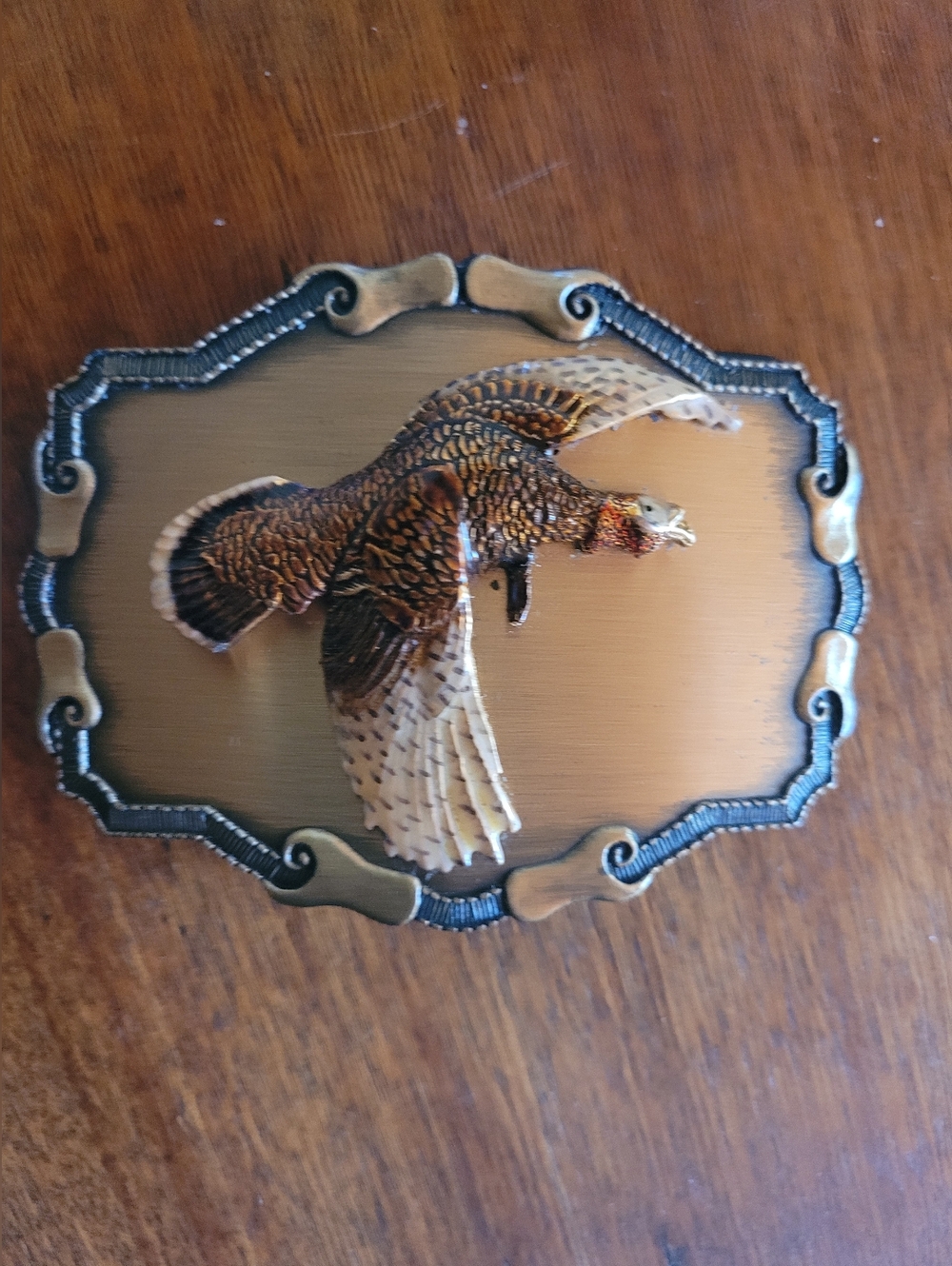 Vintage Flying Wild Turkey Belt Buckle - Brown & Gold